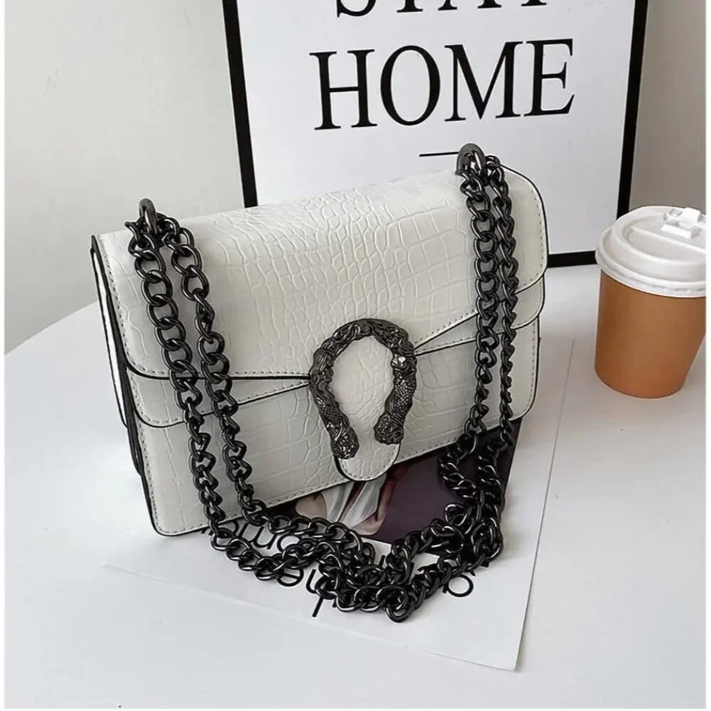 ⚡ Women's Leather Vintage Snake Print Crossbody White Square Satchel Handbag